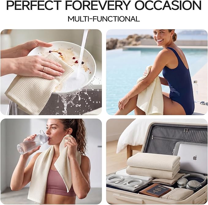 ecolook 6-Piece Waffle Weave Towel Set, 100% Cotton, Lightweight, Absorbent & Quick-Drying, 2 Bath Towels (31×63 in), 2 Hand Towels, 2 Washcloths, Lint-Free for Bathroom, Pool, Gym, Travel - Khaki