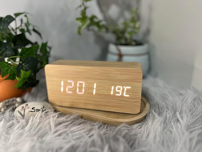 Wooden LED Alarm Clock | Digital Desk Clock with Temperature, Calendar & Voice Control, Adjustable Brightness, USB/Battery Powered | Modern Wood Style Clock for Bedroom, Office, Nightstand, Gift