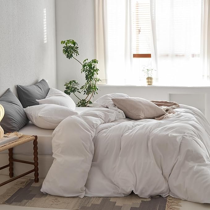 MooMee Full Duvet Cover Set, 100% Washed Cotton Linen Like Twill Thick Sturdy Material Super Soft Breathable Durable Bedding for All Season, 3 Pieces (Bright White, Full 80"x90")