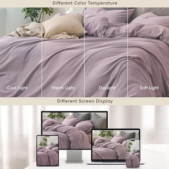 MooMee Queen Duvet Cover Set, 100% Washed Cotton Linen Like Twill Thick Sturdy Material Super Soft Breathable Durable Bedding for All Season, 3 Pieces (Lavender, Queen 90"x90")
