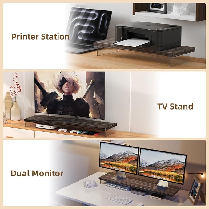 Dual Monitor Stand Riser, 40" Large Computer Monitor Stands for 2 Monitors, Wooden Desktop Organizer Shelf for Office Desk Computer, Laptop, TV, Monitor, Printer