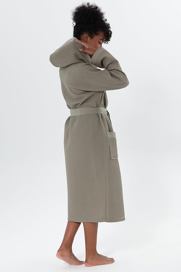 SEYANTE Women's Organic Cotton Waffle Kimono, Hooded Robe – GOTS Certified Lightweight Full-Length Spa Bathrobe with Piping