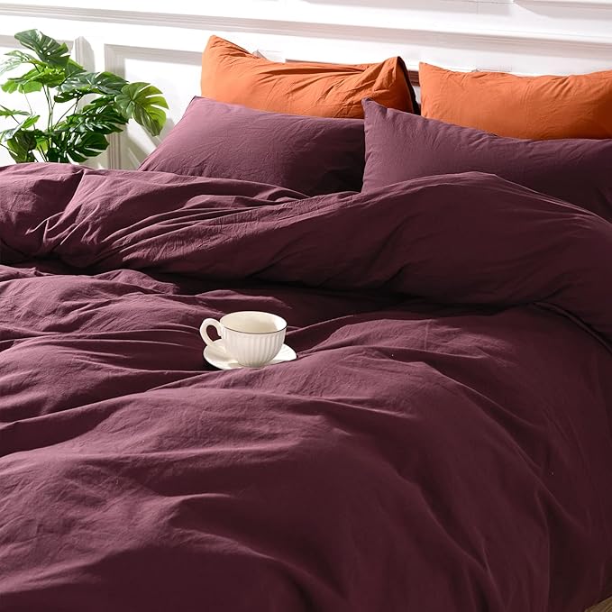 NEXHOME PRO Duvet Cover Set Queen Size Linen Look Textured 100% Washed Cotton Duvet Cover Burgundy Dark Red 3 Pieces Bedding Set with Zipper Closure,Breathable, Soft Organic Natural(No Comforter)