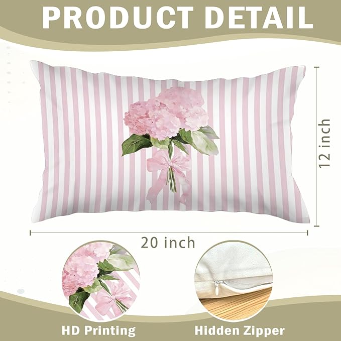 Cottagecore Pink Hydrangea Floral 12x20 Pillow Cover, Preppy Girly Bow Botanical Flower Pink Striped Decorative Lumbar Pillow Cover for Girls Room Dorm Bedroom Living Room Home