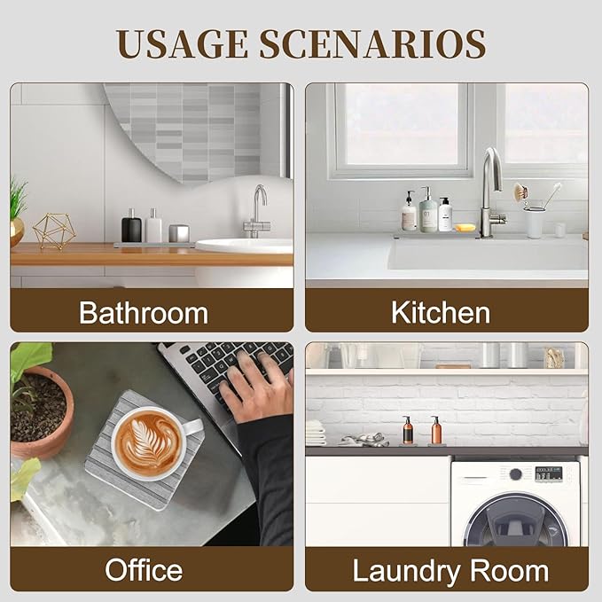 3 PCS Water Absorbent Diatomite Rectangle Coasters with Grooved Design - Thirsty Absorbing Stone Tray for Soaps Dish, Hand Soaps, Plants, Toiletries - Keep Bathroom & Kitchen Counter Tops Dry & Tidy