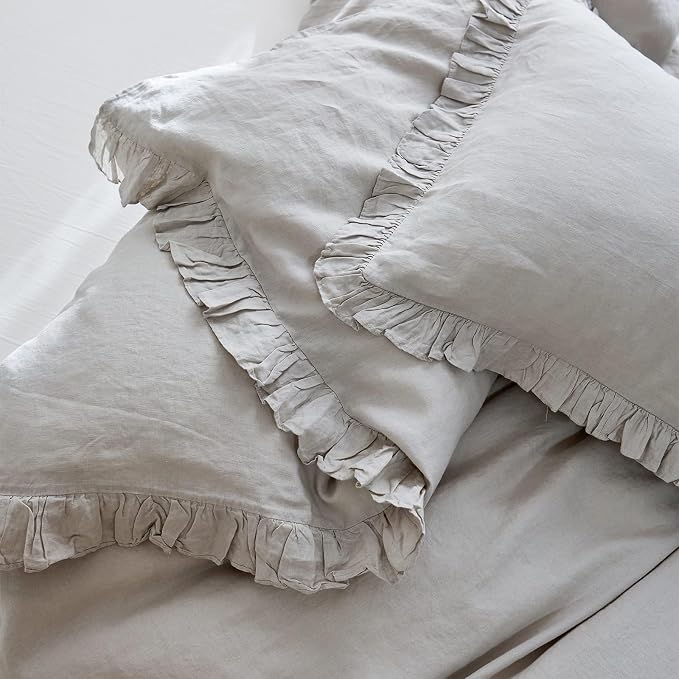 Simple&Opulence 100% Linen Duvet Cover Set, Natural French Flax Light Grey Ruffle Duvet Cover Twin Size, Breathable Comfy Linen Bedding Comforter Cover with 1 Pillowcase (Light Grey, 68" x 86")