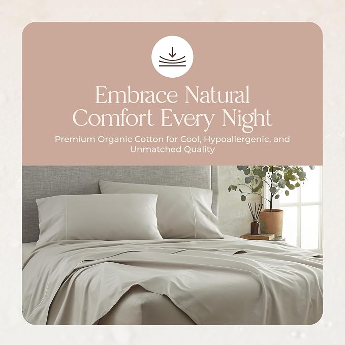 Certified Organic Queen Flat Sheet Only - 100% Organic Cotton Top Sheet with Luxurious Soft and Breathable 300 Thread Count Sateen Weave Finish - GOTS & Fairtrade Certified (Pewter, Queen)