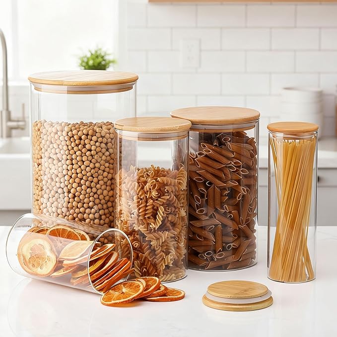 LemonRoad 5 Pack Airtight Glass Storage Jars with Bamboo Lids 152oz/61oz/46oz/25oz/19oz Glass Canisters Sets Food Storage Containers for Flour, Sugar, Rice, Microwave and Freezer Safe