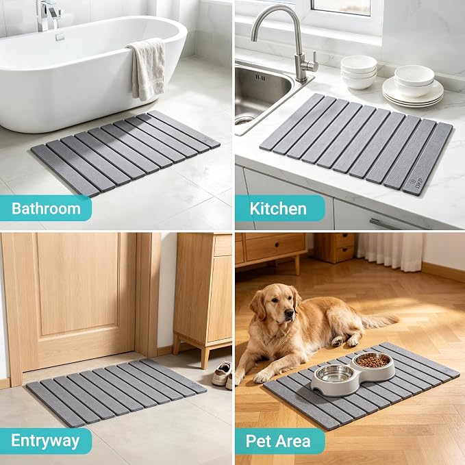 Foldable Stone Bath Mat 23.6” x 15.3” – Diatomaceous Earth Shower Mat, Super Absorbent Quick Drying, Non-Slip Diatomite Bathroom Mat for Floor, Dish Drying Mat for Kitchen, Light Grey