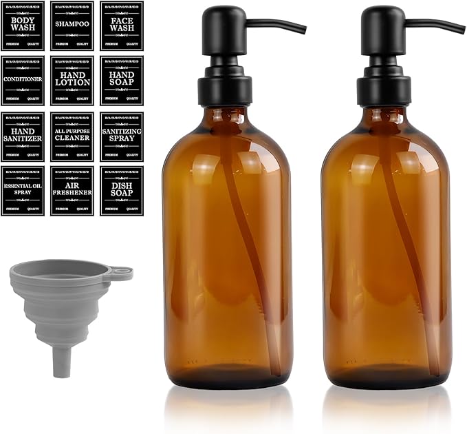 Amber Glass Soap Dispenser, Sturdy Hand Soap Containers with Waterproof Labels and a Foldable Funnel, Refillable Dish Soap Bottles Set for Bathroom Kitchen Hotel