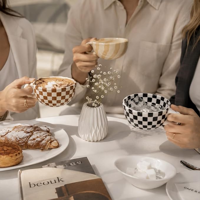 Ceramic Coffee Mug 5.7Oz Small Checkered Coffee Cups Alpine Pattern Hot Chocolate Cup Handmade Checkerboard Latte Mug Aesthetic Gift for Coffee Lovers Microwave Safe,Brown checkered