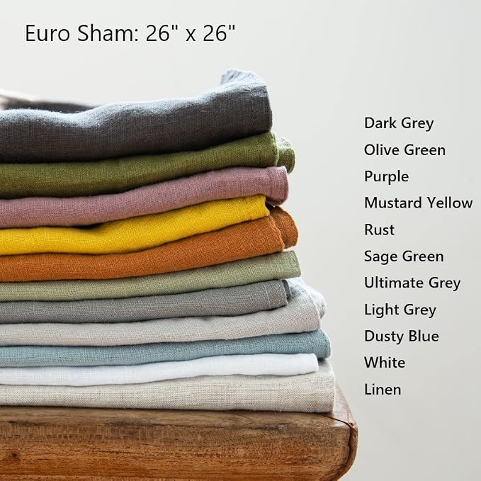 Simple&Opulence 100% Washed Linen Euro Shams 26'' x 26'' Pack of 2, Basic Style Solid Color Natural Flax Farmhouse Decorative Square Throw Pillow Covers for Bed Couch Sofa - Dusty Blue