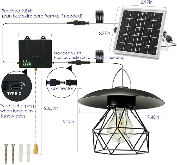 HULPPRE 3000lm Solar Shed Light Indoor Outdoor with Pull String, Daytime or Night,Dusk to Dawn,Classic Design with Metal Made,IP65 Waterproof,3 Modes,for Barn,Chicken Coop,Patio,Garden,Yard,Gazebo