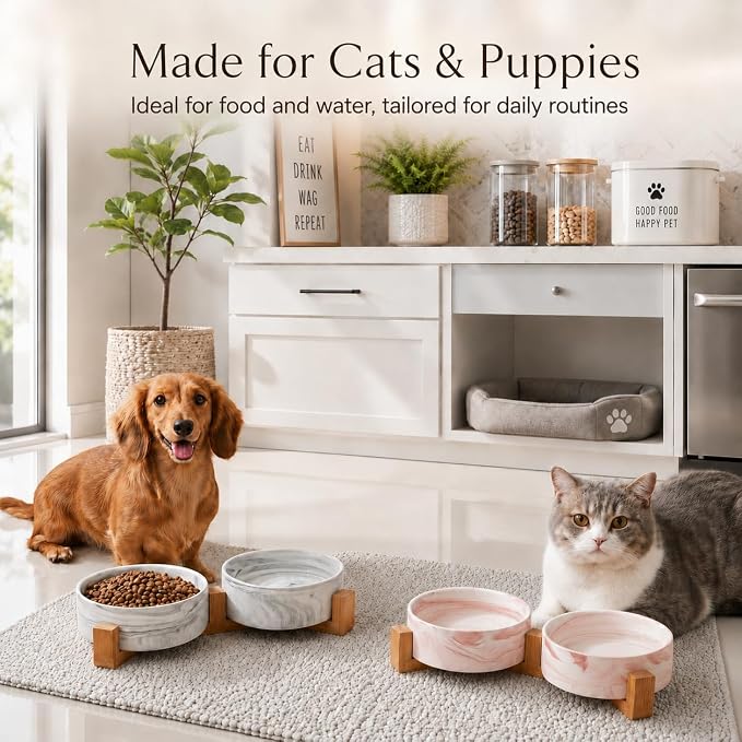 Ceramic Dog Bowls with Non-Slip Bamboo Stand - Dog Food and Water Bowl Set Ideal for Cats and Small Dogs - Double 5.1" Pet Dishes, Each Feeder Holds 1.4 Cups / 10.8 fl oz - Black Marble