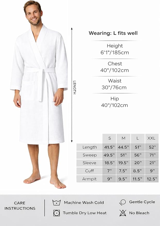 Turkish Linen Men’s Waffle Bathrobe Lightweight Kimono Spa Robe – Quick Dry Bath & Shower Robe for Men with Pockets