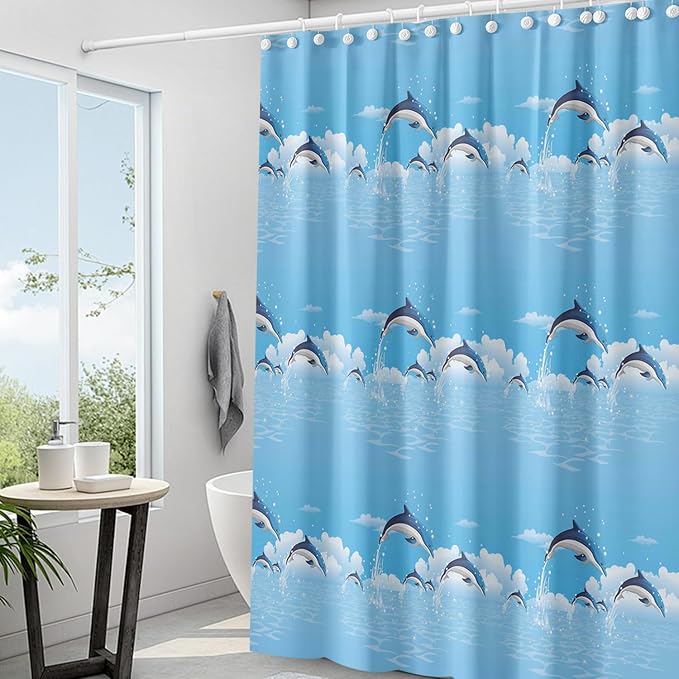 Plastic Shower Liner - Premium PEVA 6G Shower Curtain Liner with Rustproof Grommets and 3 Weighted Magnets, Waterproof Shower Curtain for Bathroom(Blue Dolphin, 72”*72”)