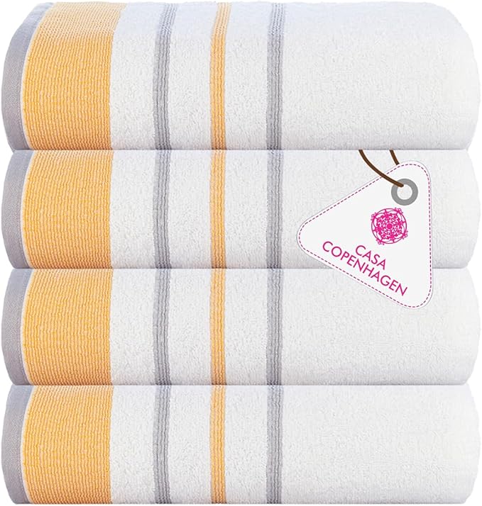 CASA COPENHAGEN White Bay 4Pcs 100% Egyptian Cotton Large Designer Towels Gift Set- Grey-Gold, 600GSM, 55"x27", 4Bath Towels for Bathroom (Box Pack, Gift Ribbon, Set for Women & Men)