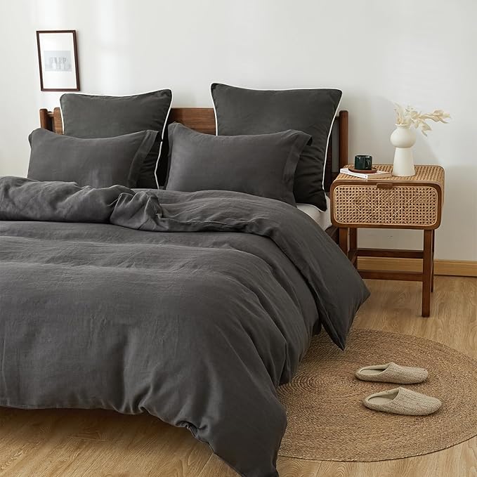 100% French Linen Pillow Shams Basic Style - Pack of 2 - Washed Solid Color Natural Flax Soft Breathable - Dark Grey, 20'' x 26''