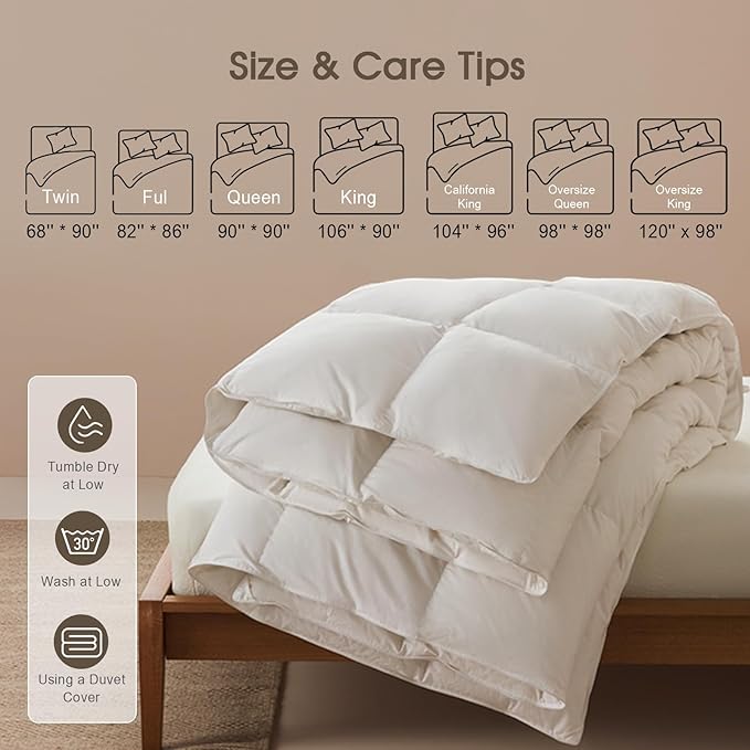 Cobnom® Feather and Down Fibres Comforter Oversized King - 100% Organic Cotton, Quill-Free & Ethical, Luxury All Season Duvet Insert (White, 120x98 Inches)
