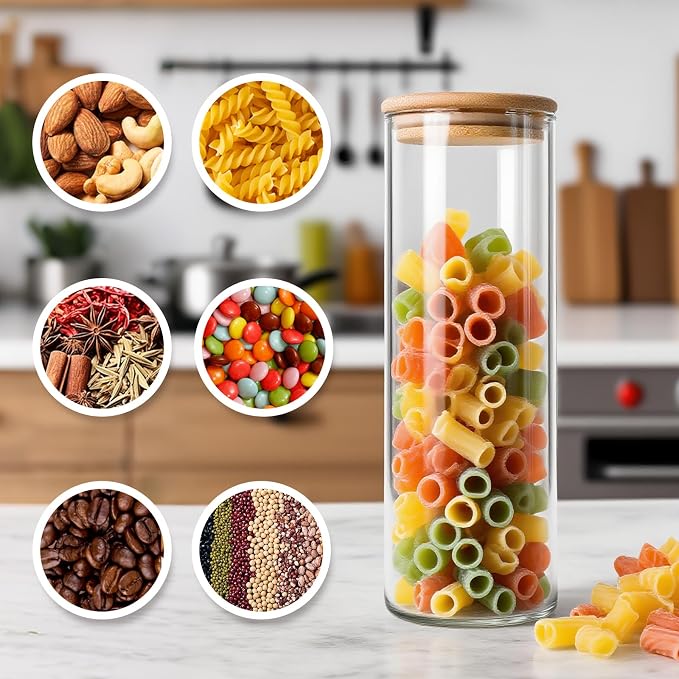 Glass Jars with Bamboo Lids - Clear Food Storage Jars - Cereal Glass Food Storage Containers - Kitchen Organizers and Storage for Flour,Pasta,Cereal,Tea,Coffee