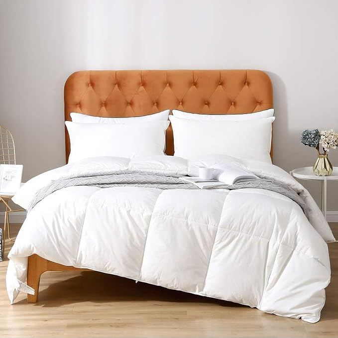 Feathers Down Comforter Oversized Queen - 100% Organic Cotton Quilted Medium Warm All Seasons Duvet Insert or Stand-Alone Comforter (98x98, Ivory White)