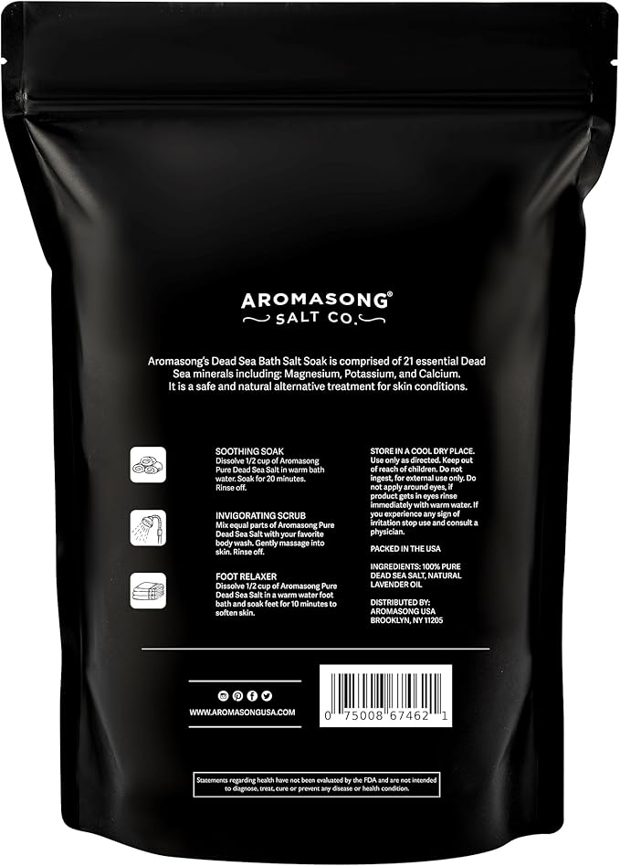 Aromasong Pure Dead Sea Salt for Soaking with 100% Natural Lavender, 14 Oz. - Spa Bath Salt Fine Grain - Body Wash Scrub - Soak for Women & Men- Resealable Pack