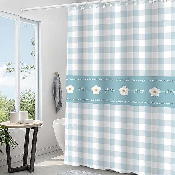 Plastic Shower Liner - Premium EVA 5G Shower Curtain Liner with Rustproof Grommets and 3 Weighted Magnets, Waterproof Shower Curtain for Bathroom(Checkered Flower, 72”*72”)
