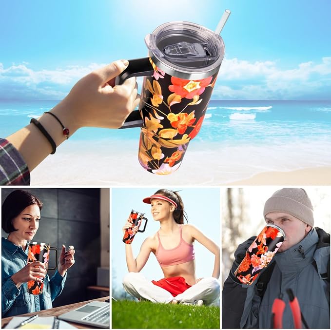SYACOT 40 oz Tumbler with Handle and Straw Stainless Steel Insulated Tumbler Leak Proof Lid and Straw Lid Reusable Travel Mug Coffee Mug Cup Dishwasher Safe Keep Drinks Cold and Hot (Jasmine)