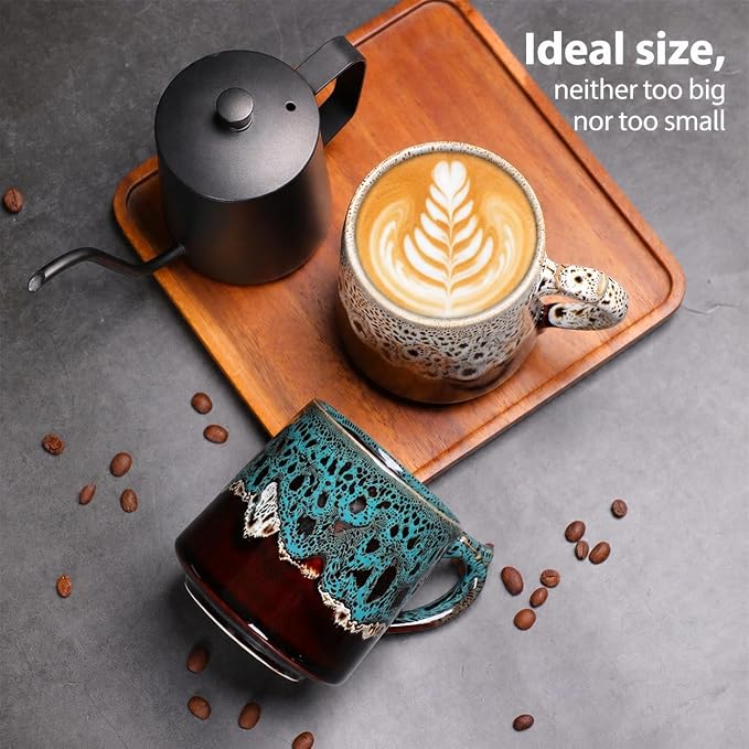 12oz Boho Style Leopard Pattern Reactive Glaze Ceramic Pottery Coffee Mug, Lead-Free Glaze Ceramic Tea Mug,Tea cup with handle, stoneware mugs, Microwave and Dishwasher Safe (White)