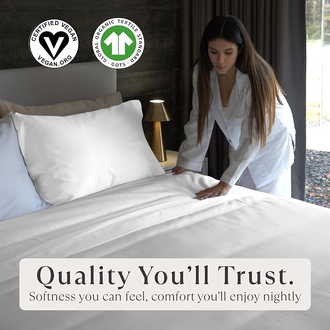 Delilah Home 100% Organic Cotton Split King Bed Sheet Set, GOTS & Vegan.org Verified Long Stem 300 TC Sateen Bedding Non-Synthetic Deep Pocket Fitted Linen, Lightweight, All-Season, 4 Pieces - White