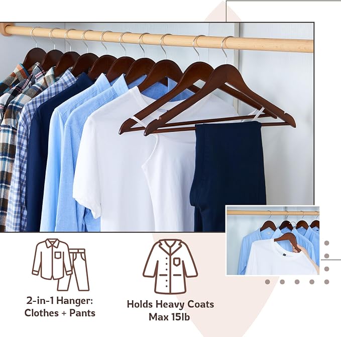 Wooden Hangers, 20 Pack Coat Hangers with Extra Smooth Finish, Precisely Cut Notches and Chrome Swivel Hook, Wooden Clothes Hangers for Shirt Suit Jacket Dress