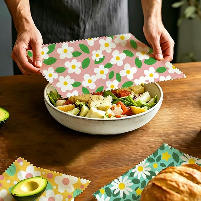 Reusable Beeswax Wrap, 9 Pack Eco-Friendly Beeswax Wraps For Food, Organic, Sustainable, Biodegradable, Zero Waste, Plastic-Free Food Storage, 1XL, 3M, 5S Spring Floral Daisy Pattern
