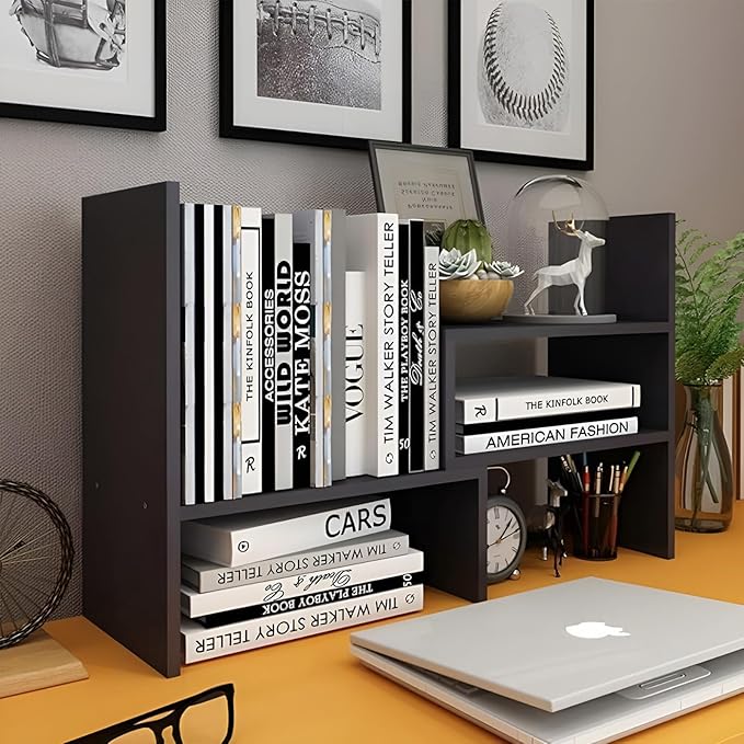 PowerKing Wood Desktop Organizer, Adjustable Display Shelf Rack for Home Office Desktop Storage Supplies Organization (Black Walnut)