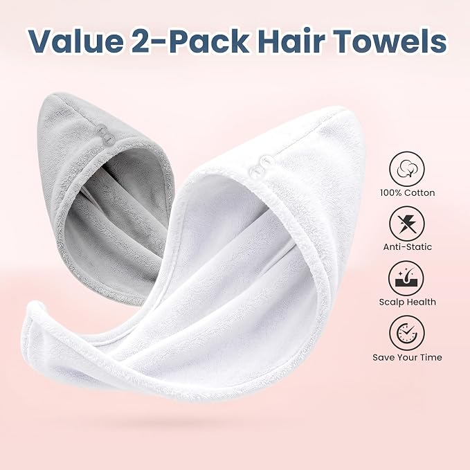 Mandydov 100% Cotton Hair Towel Wrap for Women, 2 Pack Thickened & Super Absorbent Turbans, Anti Frizz Quick Dry Hair Towels (White, Gray)
