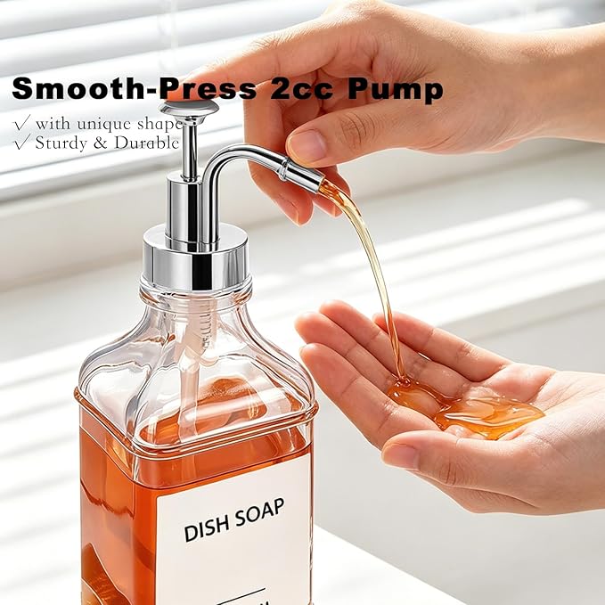 Dish Soap Dispenser for Kitchen, Hand Glass Soap Dispenser Set with Pump, Funnel for Bathroom, Shower, Laundry, Liquid, Lotion (Silver 2 Pack 18 Oz Clear Bottles with 12 Stickers)