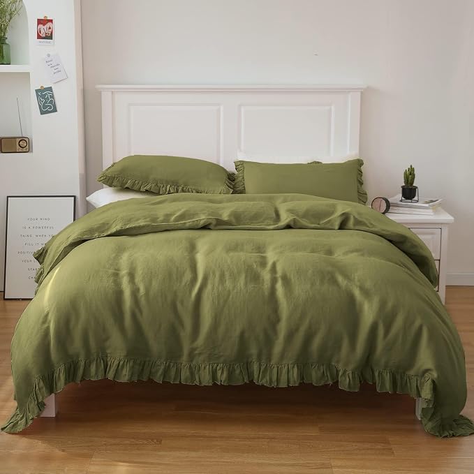 Simple&Opulence 100% Linen Duvet Cover Set, 3 PCS Natural French Flax Ruffle Duvet Cover King Size, Breathable Comfy Linen Bedding Comforter Cover with 2 Pillowcases (Olive Green, 104" X 92")