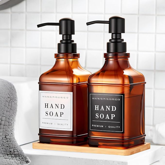 Amber Glass Soap Dispenser with Pump,Tray,Funnel, Countertop Soap and Lotion Dispenser Set of 2 with 60 Stickers, Dish and Hand Soap Dispenser Bottle for Kitchen,Bathroom,Shower,500ml/16.9oz