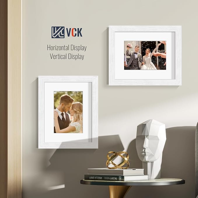 VCK 8x10 Picture Frames White 3 Pack, Wide Border Wood, Tempered Glass, Display 5x7 Photo with Mat or 8 x 10 without, for Home, Office, Gallery, Woodgrain Series, Tabletop & Wall Hanging