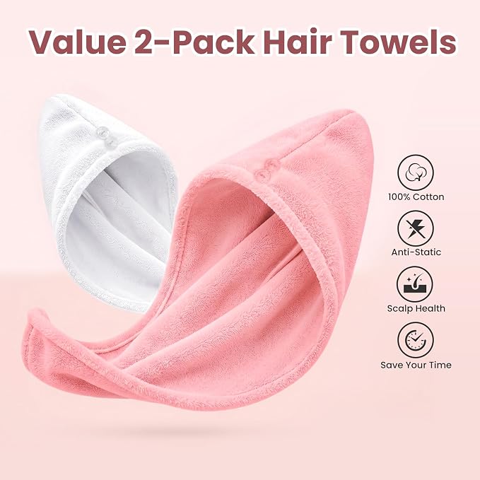 Mandydov 100% Cotton Hair Towel Wrap for Women, 2 Pack Thickened & Super Absorbent Turbans, Anti Frizz Quick Dry Hair Towels (White, Blush)