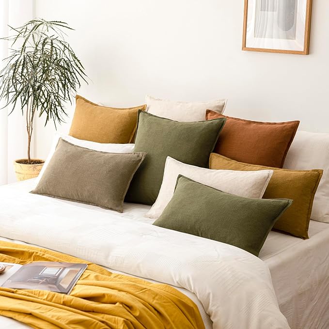 Foindtower Pack of 2, Decorative Linen Soild Throw Pillow Covers Soft Accent Lumbar Cushion Case Boho Farmhouse Pillowcase for Chair Couch Sofa Bedroom Living Room Home Decor 12 x 20 Inch Olive Green