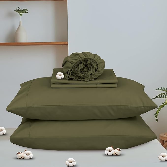 RUVANTI 100% Cotton Organic Percale Sheets Queen Size – Crisp Cooling Bed Sheets for Hot Sleepers, Deep Pocket 15”, Soft Peach Finish, Breathable & Durable Hotel-Style 4 Pcs, Olive
