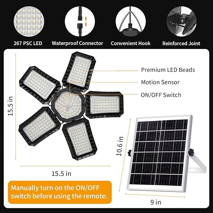 Solar Light for Shed with Constant On & Motion Activated Simple 2 Modes Tempered-glass Solar Panel with 267 LED Large Pendant Lamp Outdoor Indoor for Garage Shop Barn Gazebo Coop Home Day & Night Use