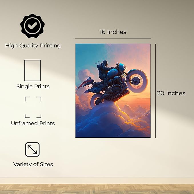 InkFlow Posters Motorcycle Rider Poster - Futuristic Biker in the Clouds - Surreal Sunset Art for Living Room, Bedroom, Home - Adventure-Themed Graphic Print - 16x20 Unframed Canvas Print