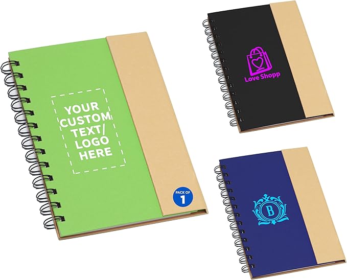 DISCOUNT PROMOS Custom Eco Friendly Spiral Notebooks with Pens Set of 1, Personalized - Perfect for Business, Office, Hom - Green