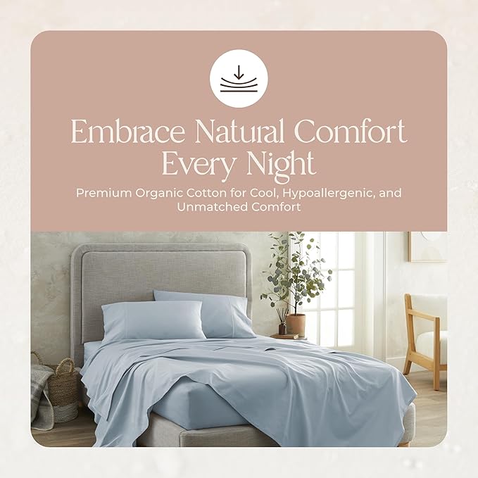 100% Organic Cotton Sheets King Size - GOTS Certified Organic Bed Sheets with Deep Pocket 300 Thread Count & Cozy Sateen Weave Gets Softer with Each Wash - Luxury 4 Piece Set (Powder, King)