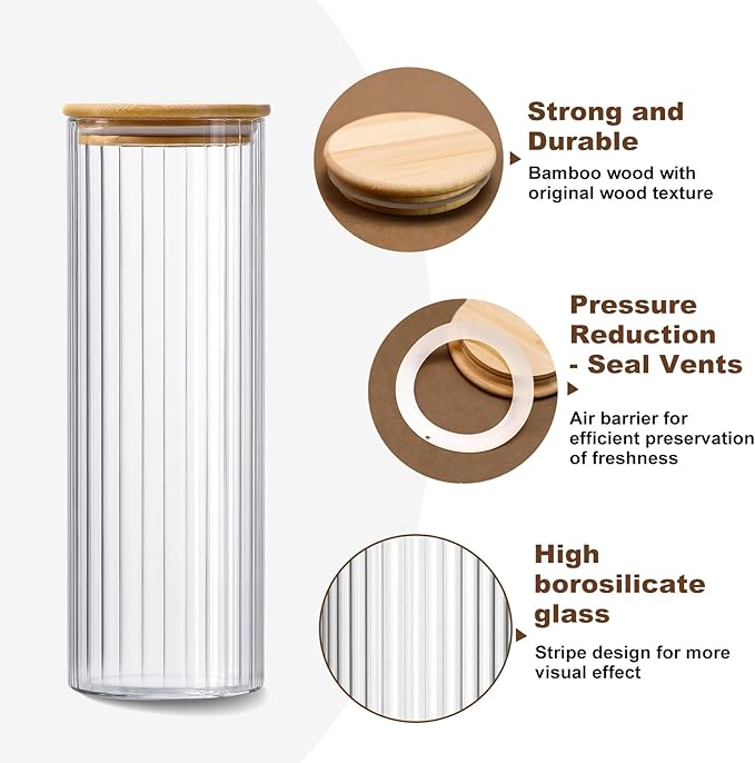 1.7L/57.49Oz 3 Pack Glass Food Containers with Lids - Storage Jars with Bamboo Lids Airtight - Kitchen Storage Glass Jars for Spaghetti Nuts Cereal Flour