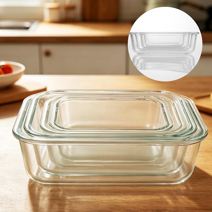 4 Pcs Glass Food Storage Containers with Lids, Meal Prep Containers Glass Set with Bamboo Lids, Silicone Seals, Rectangular Kitchen Set for Lunch, Fridge and Pantry