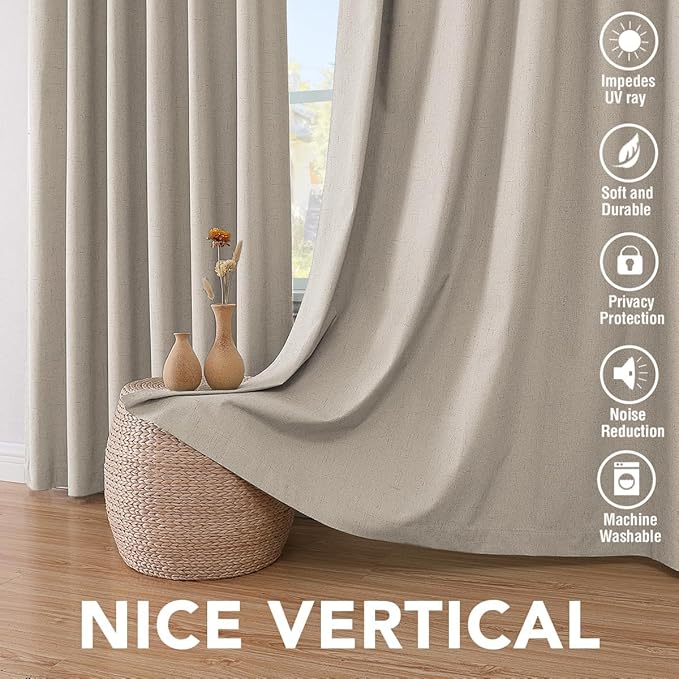 H.VERSAILTEX Blackout Curtains Linen Curtains 120 inches Long 100% Black Out Curtains for Bedroom Windows, Textured Linen Look Draperies Grommet with White Liner, 2 Panels, Cobblestone