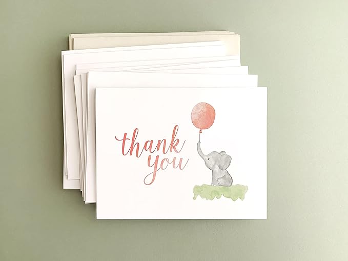 Baby Shower Thank You Cards (Set of 10 Cards + Envelopes) - Watercolor Elephant & Balloon - by Palmer Street Press (Pink)