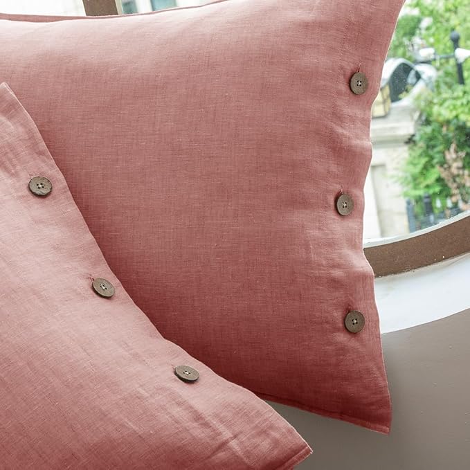 EVERLY 100% Linen Pillowcases Set of 2, French Linen from Normandy, 20X36Inch Standard Size, Natural Color, Coconut Buttons Closure, Flax Pillowshams-Pillowcase-Pink